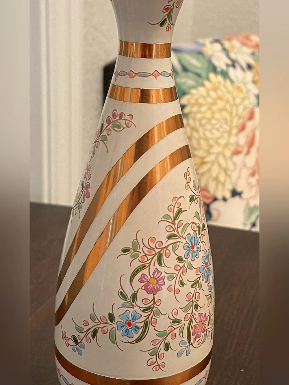Vintage Hand-Painted Enameled Brass Floral Bud Vase - Bohemian Decor EUC